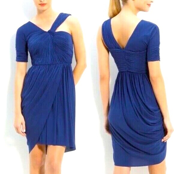 BCBGMaxAzria Christina Ruched Asymmetric Blue Drape Dress Women’s Size Medium M - Picture 3 of 15